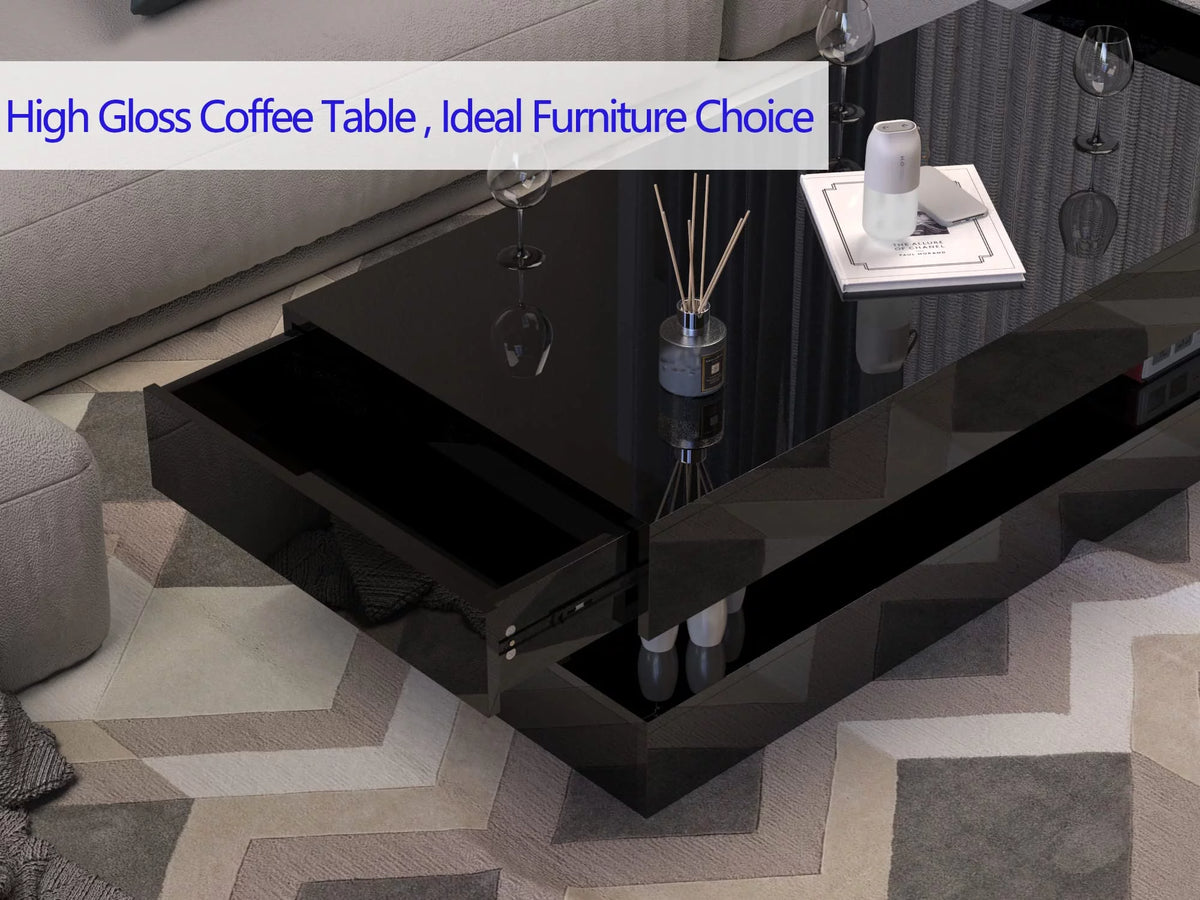 LED Coffee Table with 2 Storage Drawers, High Gloss Black I47037