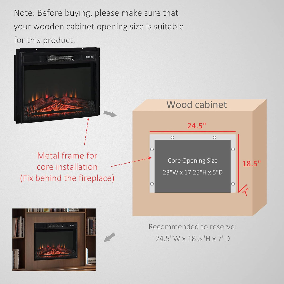 23 Electric Fireplace Insert with Adjustable Brightness, 1400W, Black L312