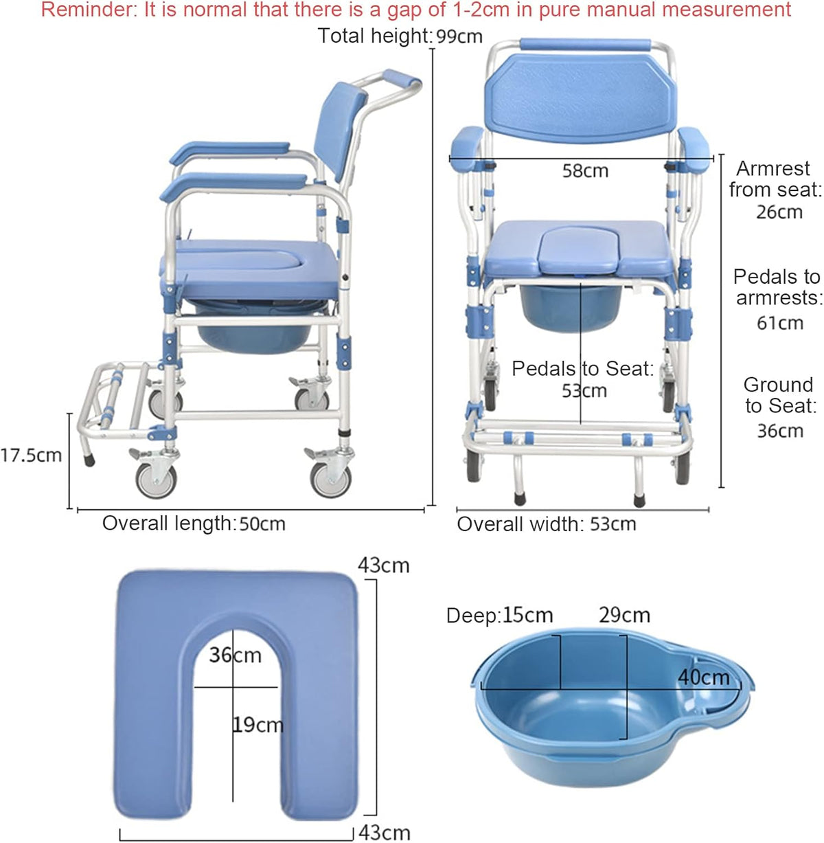 Rolling Showerchair with Built-in Toilet, 4 Wheel Brakes N297