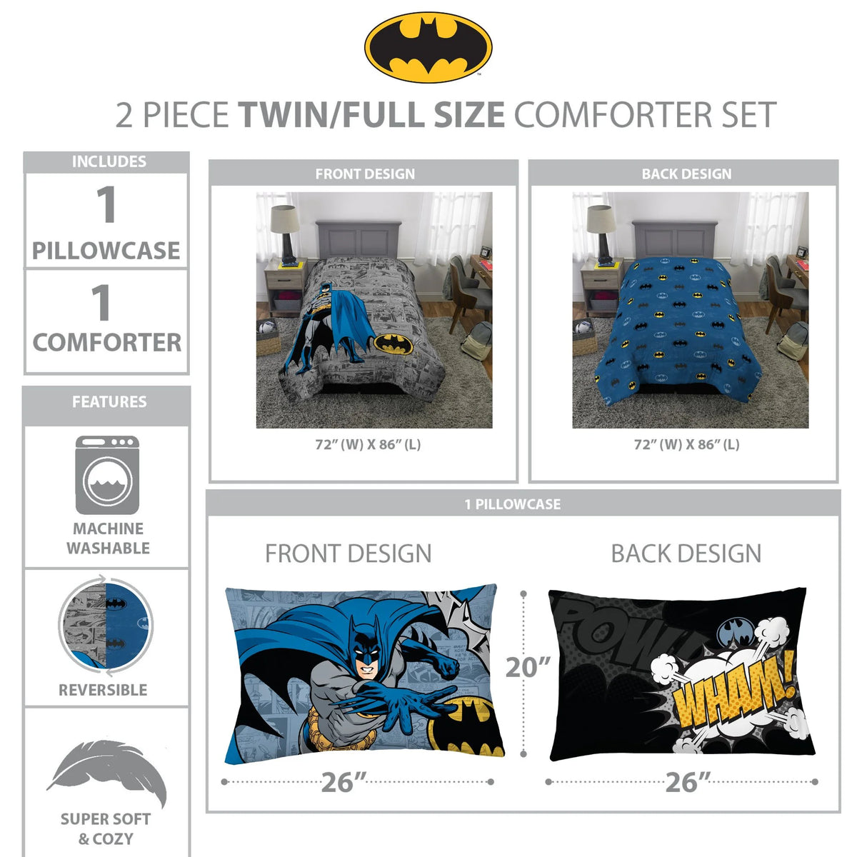 Kids Comforter and Pillowcase 2-Piece Set Twin/Full Reversible H1577