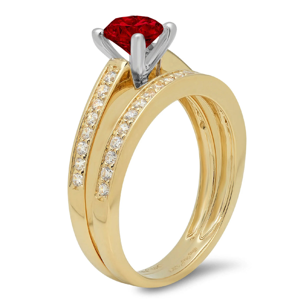 0.85 ct Round Cut Red Natural Garnet 18k Yellow White Gold Ring Band Set Size 3.5 A33691