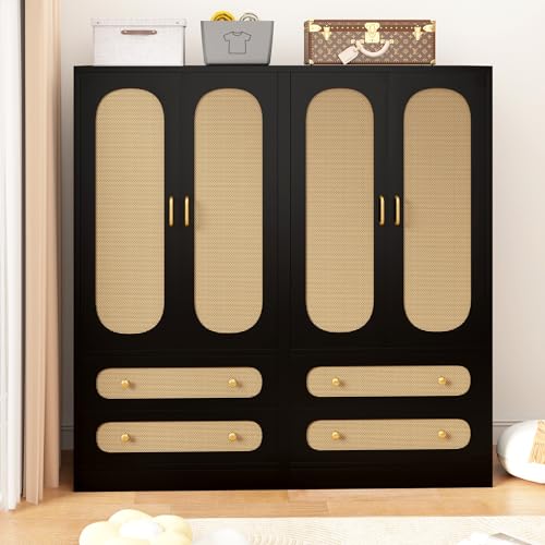 2 Door Rattan Wood Wardrobe with 2 Drawers & Hanging Rail (Black) N93922
