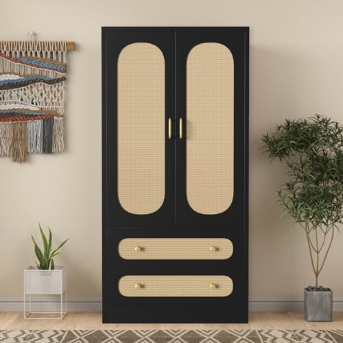 2 Door Rattan Wood Wardrobe with 2 Drawers & Hanging Rail (Black) N93922