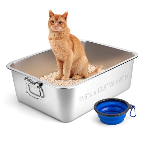Stainless Steel Litter Box with Handle, 17.5" L x 13.5" W x 6" H, Non Stick Smooth Surface A65637