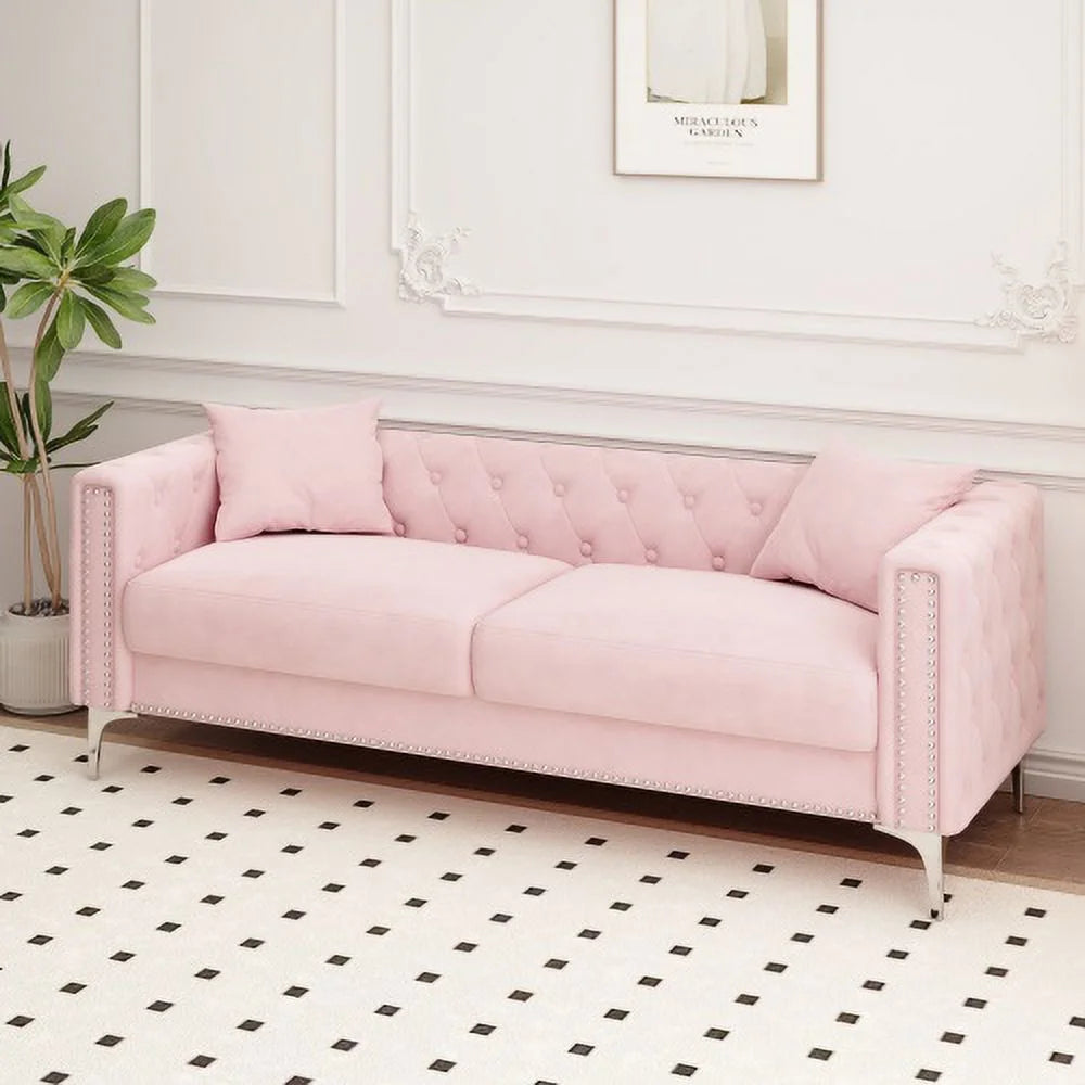 Pink Velvet Triple Sofa with 2 Pillows P469487