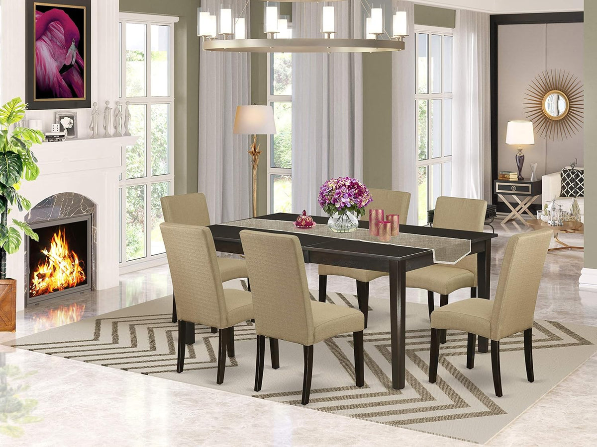 9 Pc Dining Table with Self Storing Butterfly Leaf and 8 Parson Chair with Cappuccino Finish Leg and Linen Fabric L2321