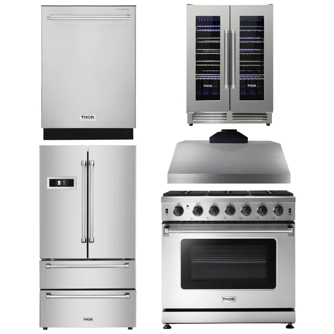 36 Propane Gas Range, Range Hood, Refrigerator, Dishwasher, Wine Cooler H199
