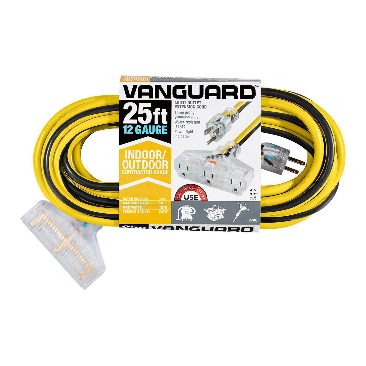 25 ft. 12/3 Gauge Multiple Outlet Extension Cord with Indicator Light, Yellow, Black C128789