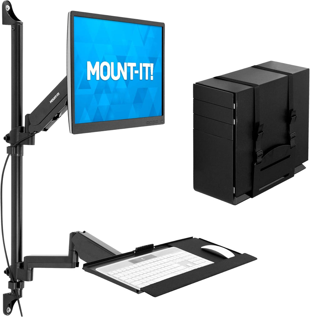 Wall Mount Workstation with Single Monitor Mount, Keyboard Tray and CPU Holder, Height Adjustable Full Motion Arms E332