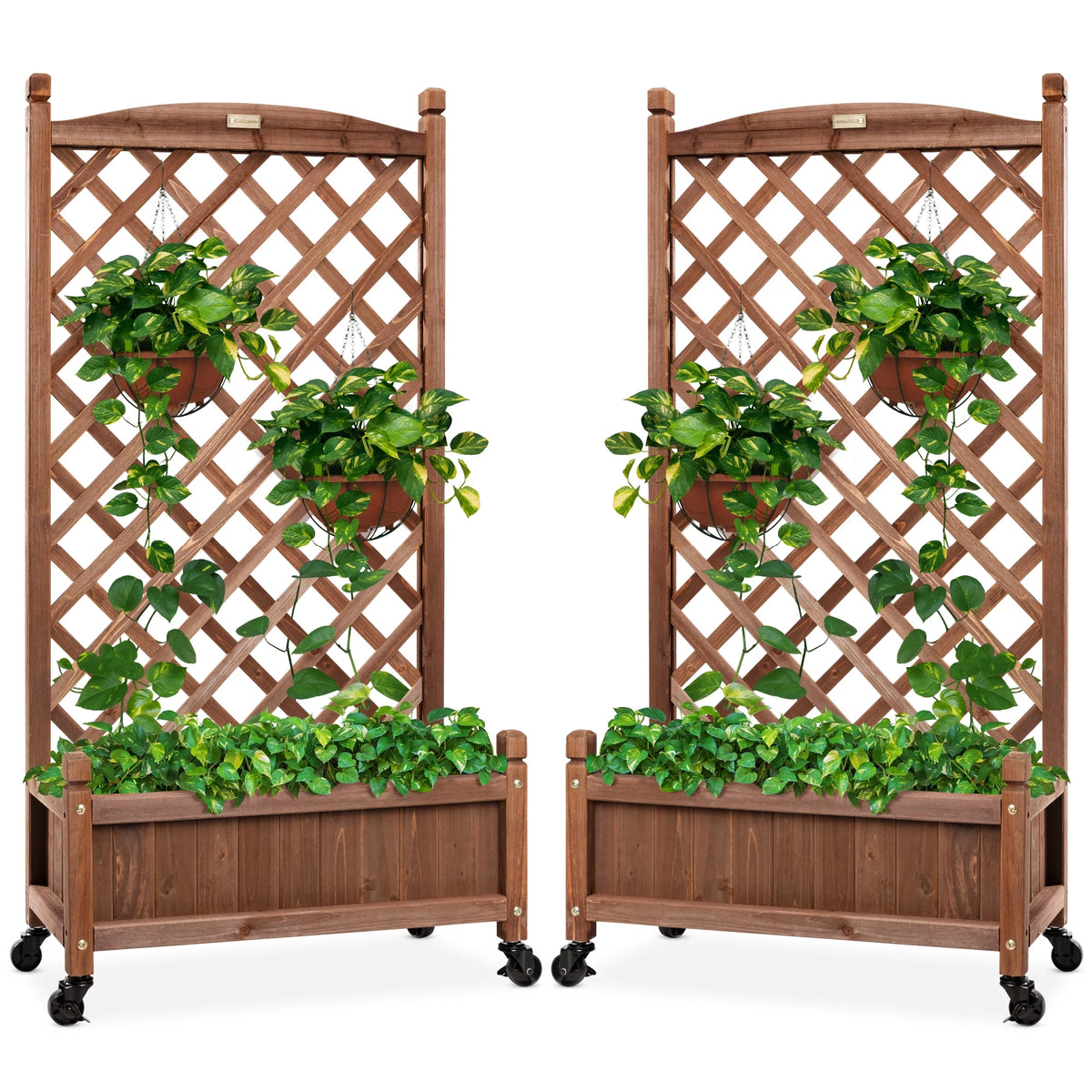 Set of 2 48in Wood Planter Box & Lattice Trellis with Drainage F7878