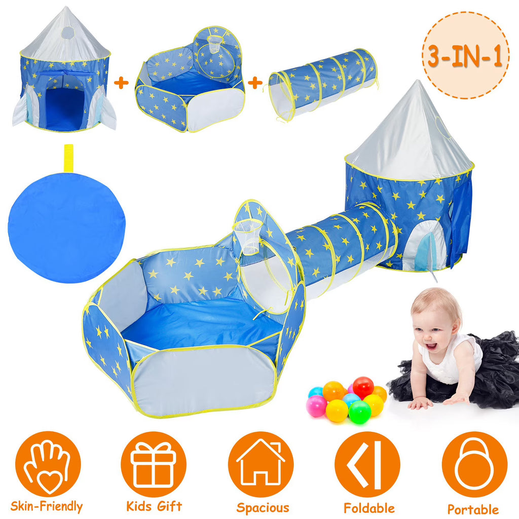 3 in 1 Foldable Kids Play Tent with Storage Bag, Blue X555