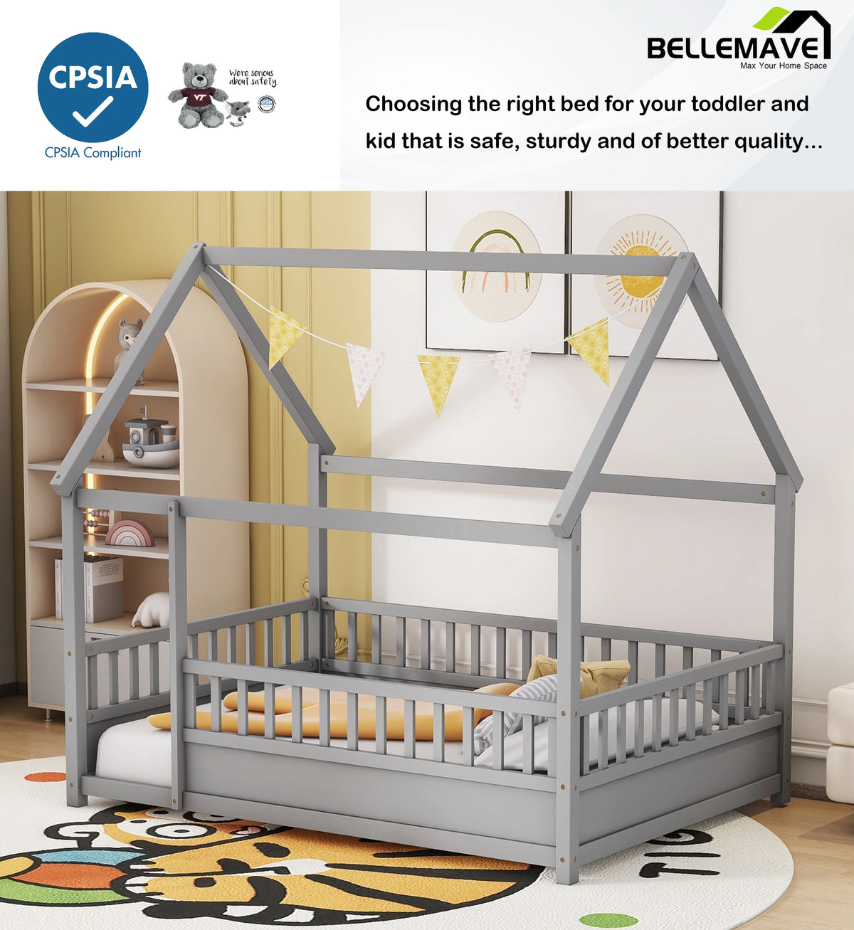 Full Size Gray Wood Floor Bed Frame with Guardrails U2036