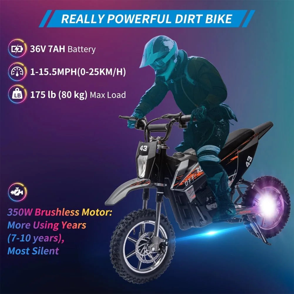 36V Electric Dirt Bike 350W Brushless Motor 15.5MPH Black H59085