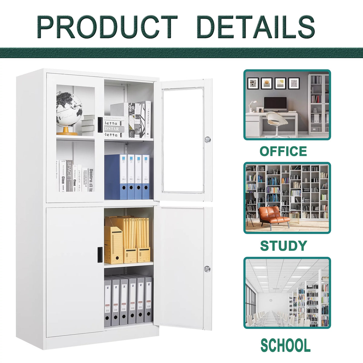 Metal Storage Cabinet with Glass Lockable Door and 2 Adjustable Shelves G554