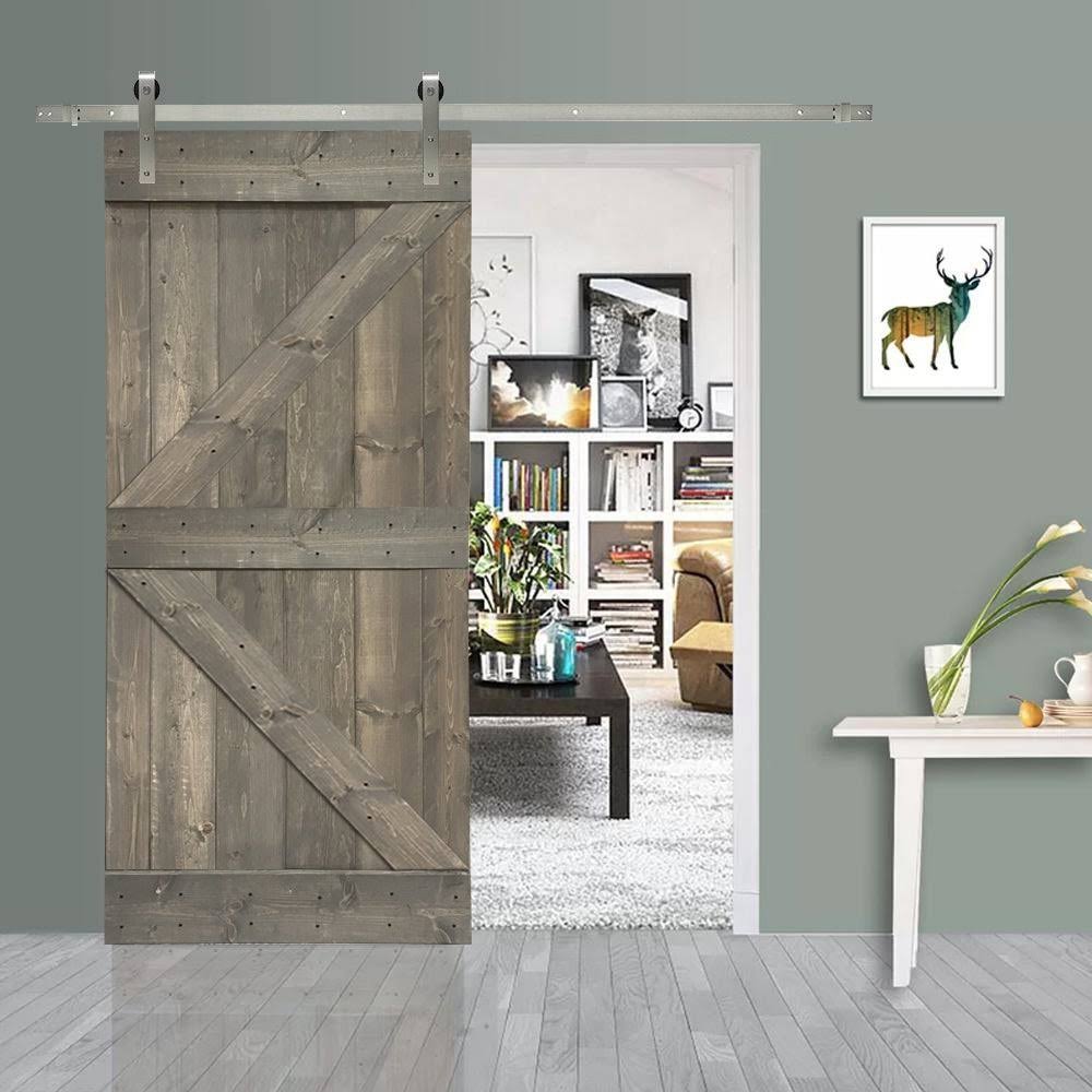 36 in. x 84 in. Gray Stained Knotty Pine Wood Interior Sliding Barn Door with Hardware Kit I1038