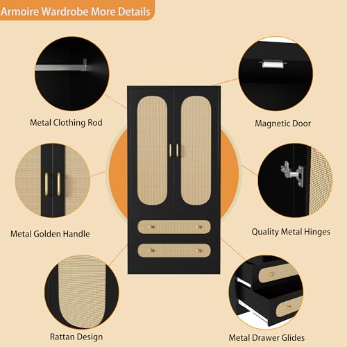 2 Door Rattan Wood Wardrobe with 2 Drawers & Hanging Rail (Black) N93922