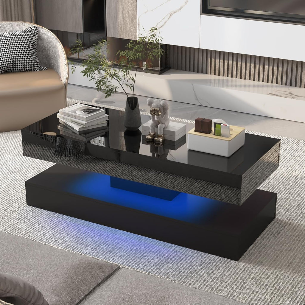 LED Coffee Table with 2 Storage Drawers, High Gloss Black I47037
