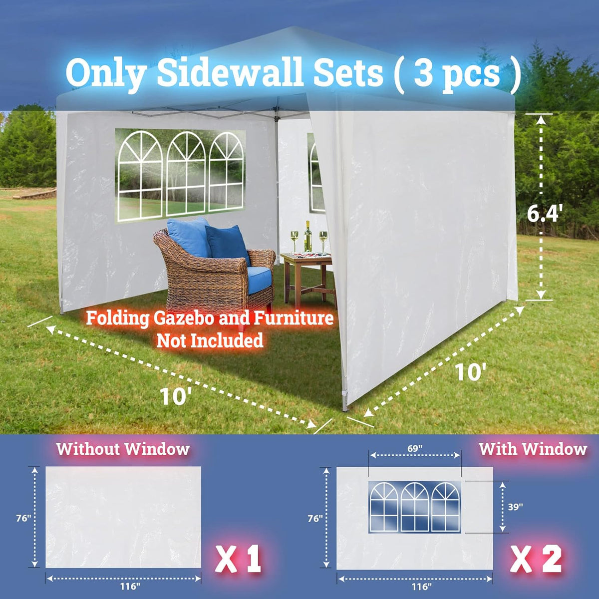 Tent Side Panel Replacement for Folding Canopy Gazebo Marquee (2 Pcs with Window, 1 Pc without Window, White) J74289