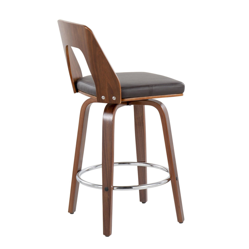 Mid-Century Modern Counter Stool In Walnut And Brown Faux Leather - Set Of 2 Y312962