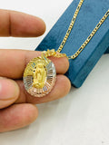 Tri Color Diamond Cut Virgen de Guadalupe Pendant Necklace Figaro Chain 20" Gold Filled Y8332