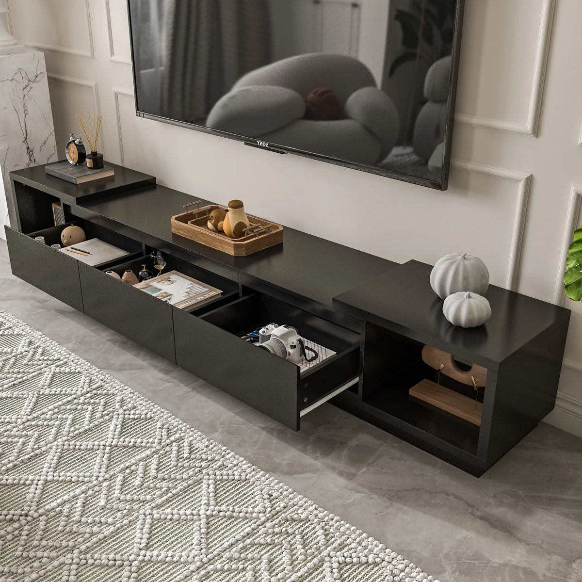 White Extendable TV Stand with Drawers I8087