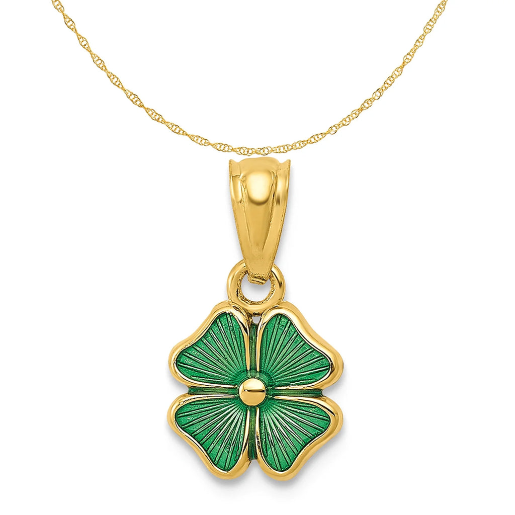 14K Yellow Gold Green Enameled Four Leaf Clover Pendant Charm with Rope Chain Necklace 16'' S518331