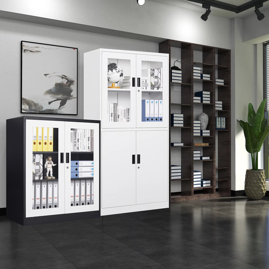 Metal Storage Cabinet with Glass Lockable Door and 2 Adjustable Shelves G554