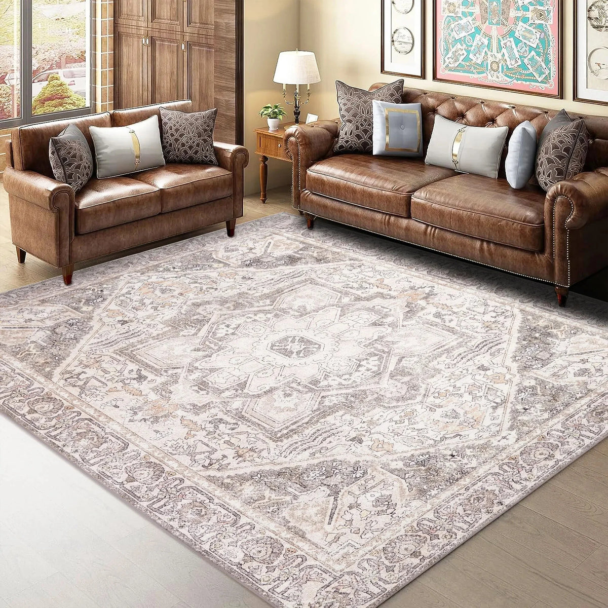 5' x 7' Washable Brown Area Rugs Non-slip D360