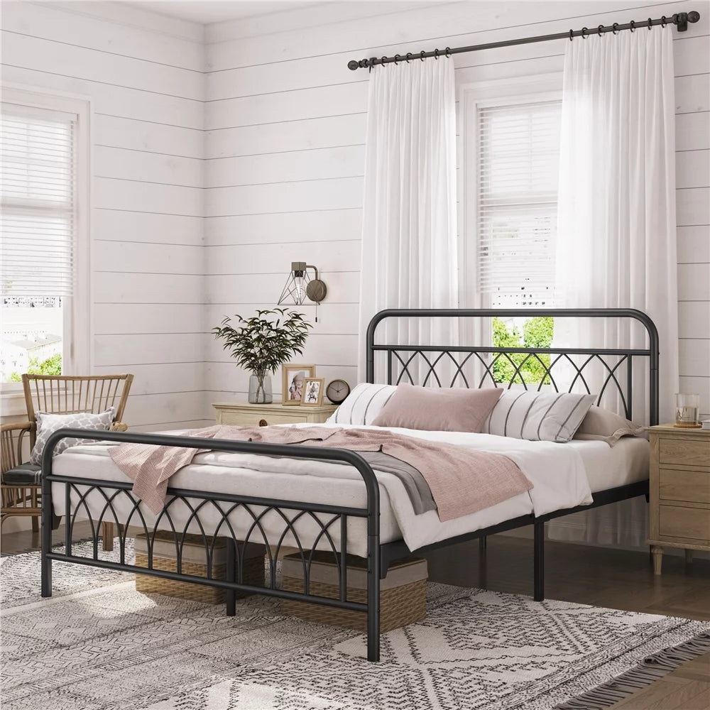Queen Black Metal Platform Bed Frame with Headboard and Footboard K543588