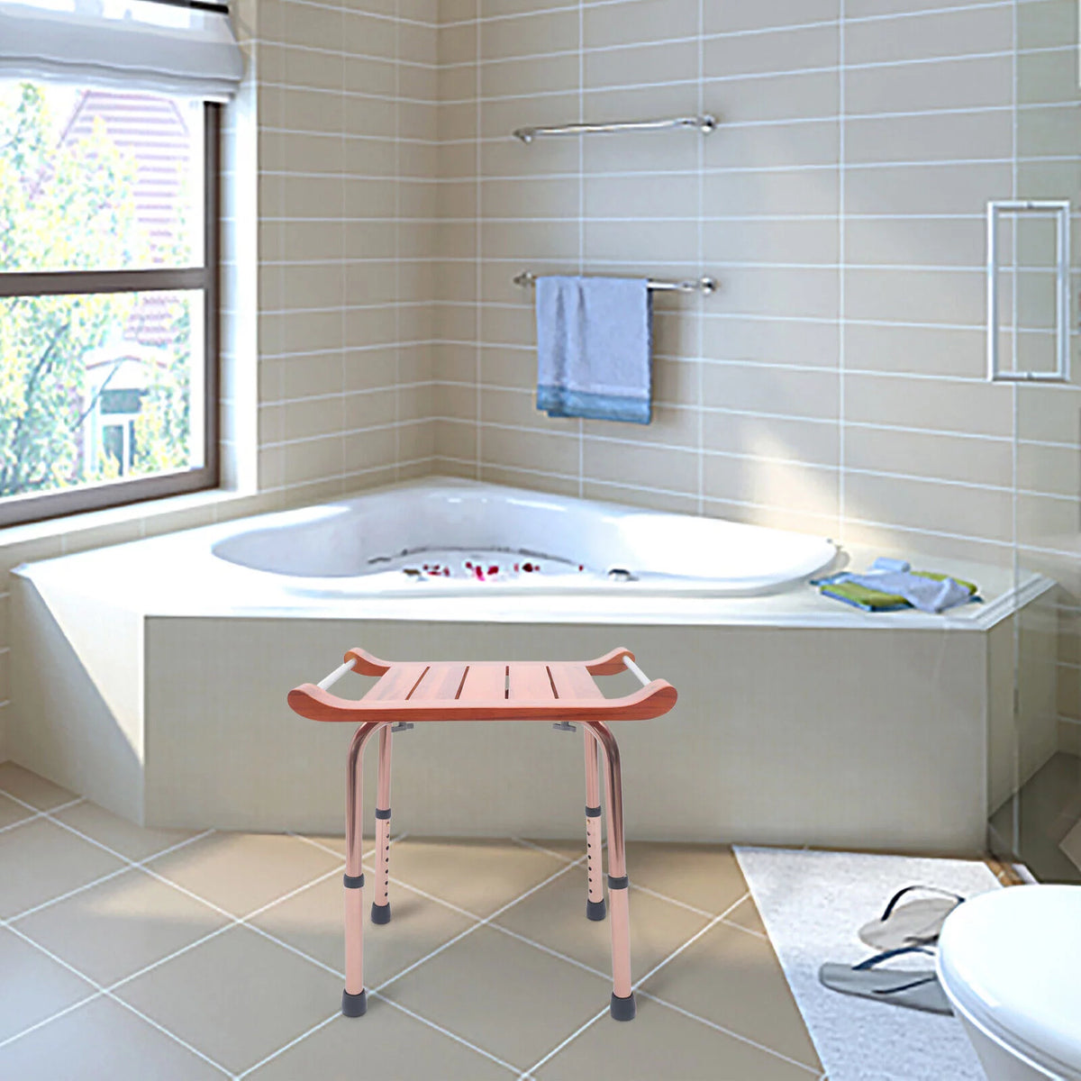 Teak Shower Stool Non-Slip Adjustable S893901