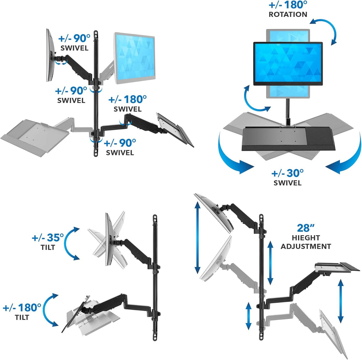 Wall Mount Workstation with Single Monitor Mount, Keyboard Tray and CPU Holder, Height Adjustable Full Motion Arms E332