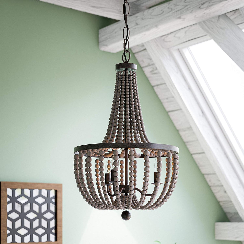 Wood Bead Chandelier, 28 Inch Height, 16 Inch Diameter, Golden Bronze Finish N302181