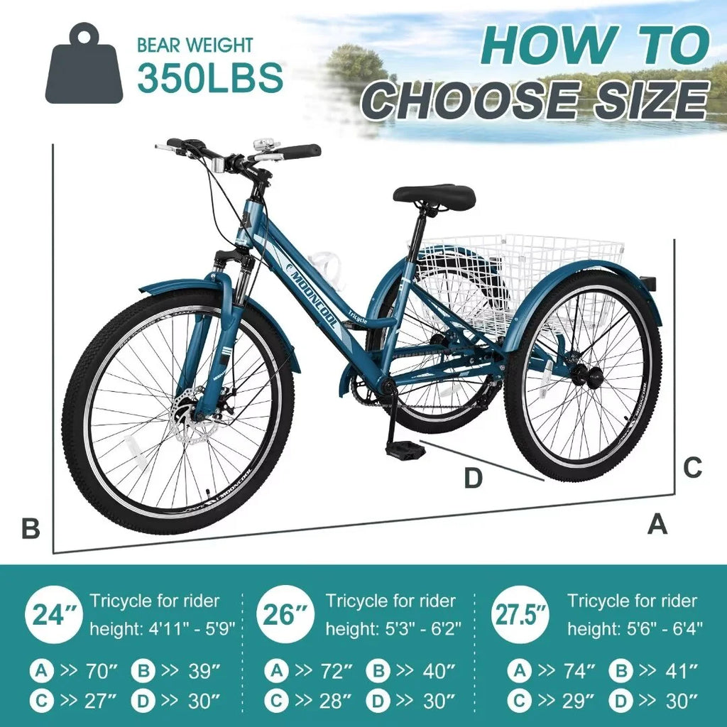 Adult Tricycle 7 Speed 26 Inch Three Wheel Bike with Shopping Basket R47168
