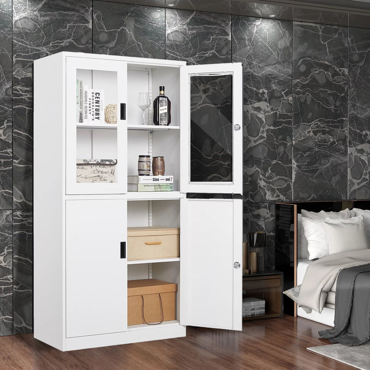 Metal Storage Cabinet with Glass Lockable Door and 2 Adjustable Shelves G554
