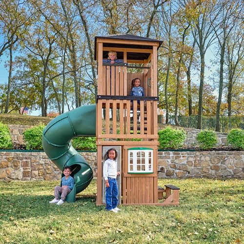 Three-Story Wooden Outdoor Playhouse with Slide A60998