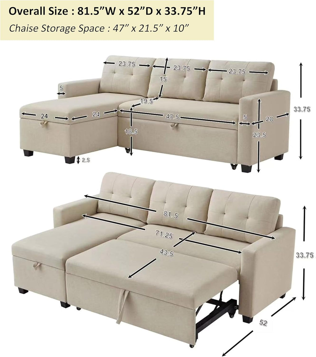 Beige L-Shape Convertible Sofa Sleeper with Pull-Out Bed N5151