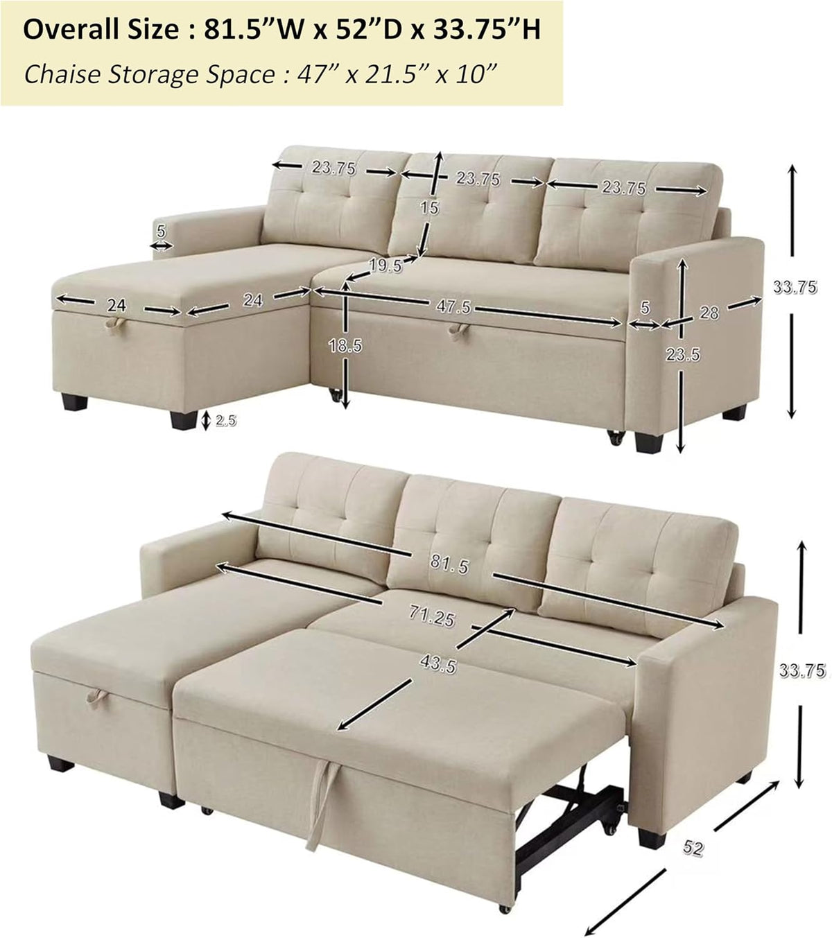 Beige L-Shape Convertible Sofa Sleeper with Pull-Out Bed N5151