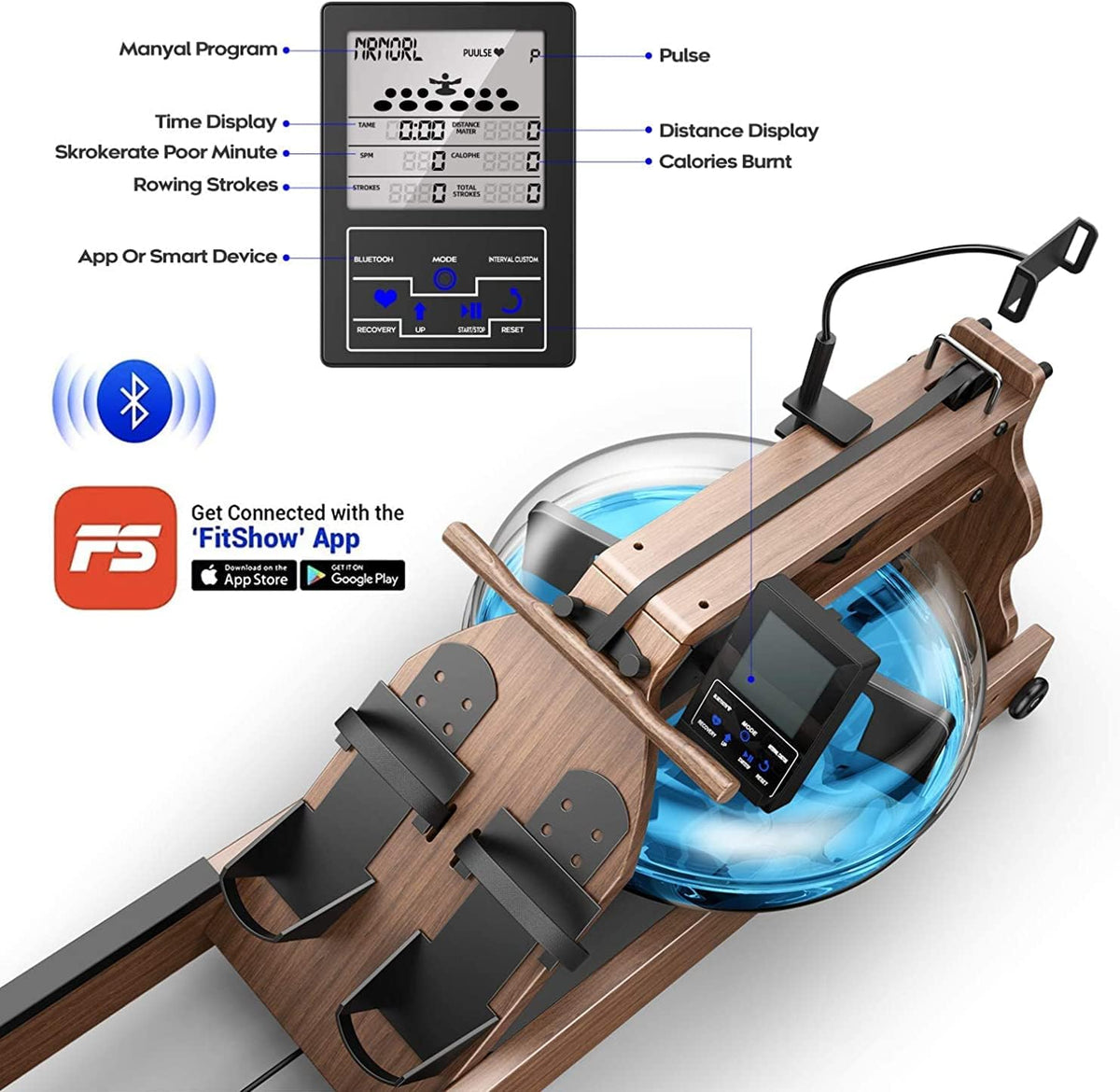 ASH Wood Water Resistance Rowing Machine with Bluetooth Monitor A1800