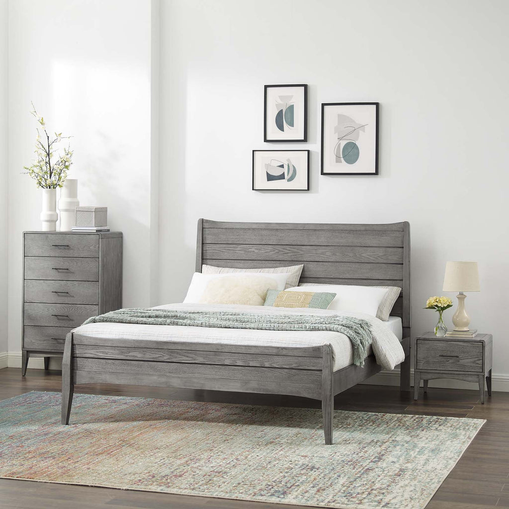 King Size Grey Wood Platform Bed Chest Nightstand Set A536