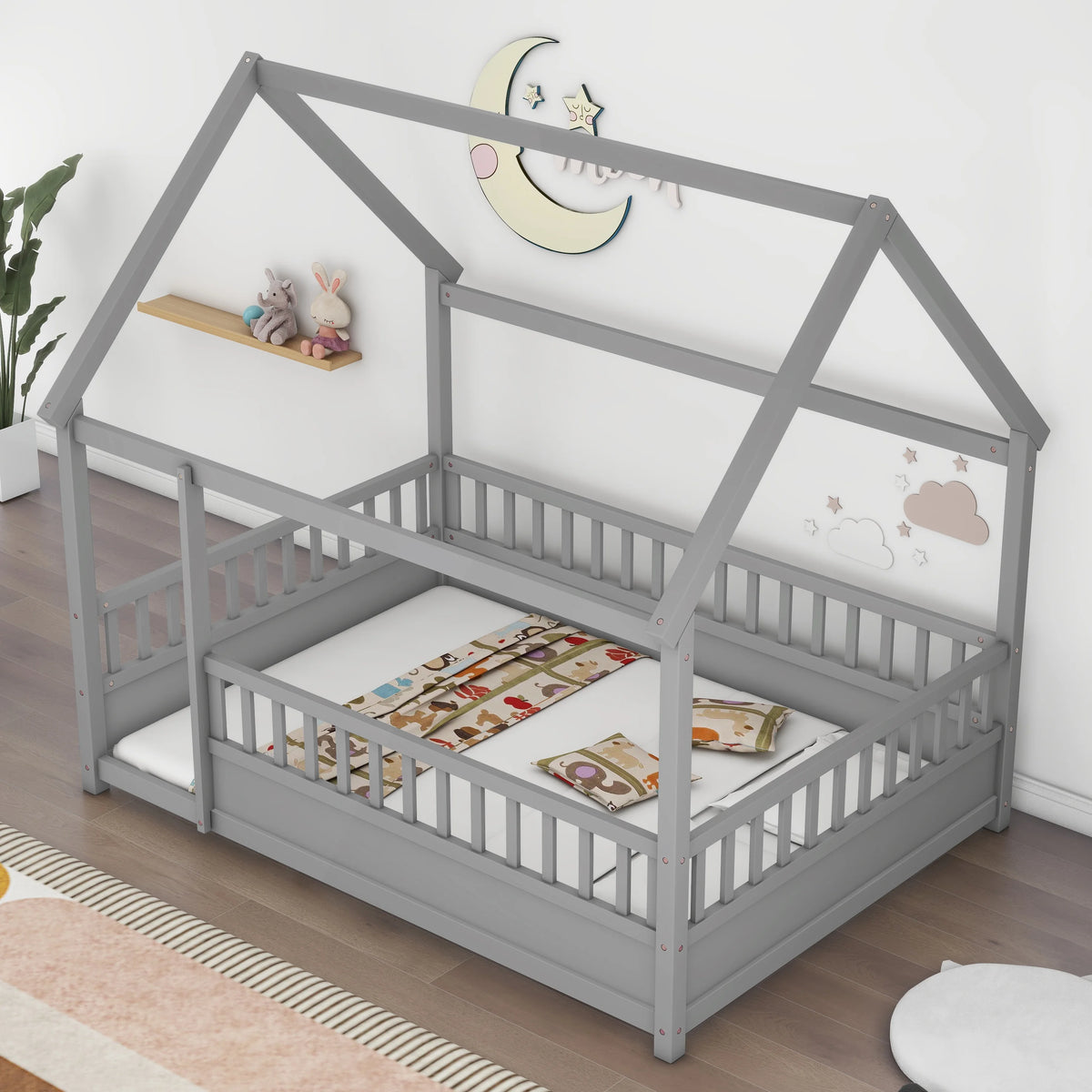 Full Size Gray Wood Floor Bed Frame with Guardrails U2036