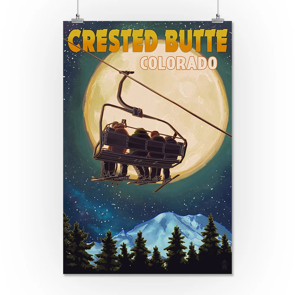 Ski Lift and Full Moon Giclee Gallery Print S40013
