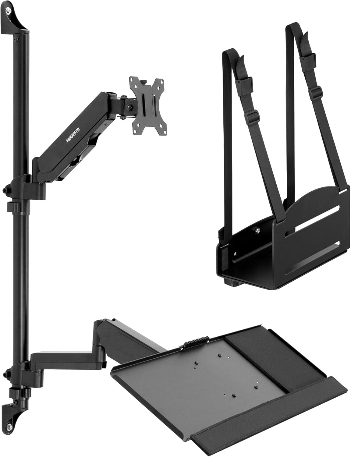 Wall Mount Workstation with Single Monitor Mount, Keyboard Tray and CPU Holder, Height Adjustable Full Motion Arms E332