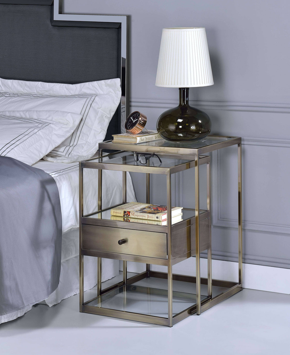 2 Piece Nesting Tables Set Antique Brass Clear Glass B3265