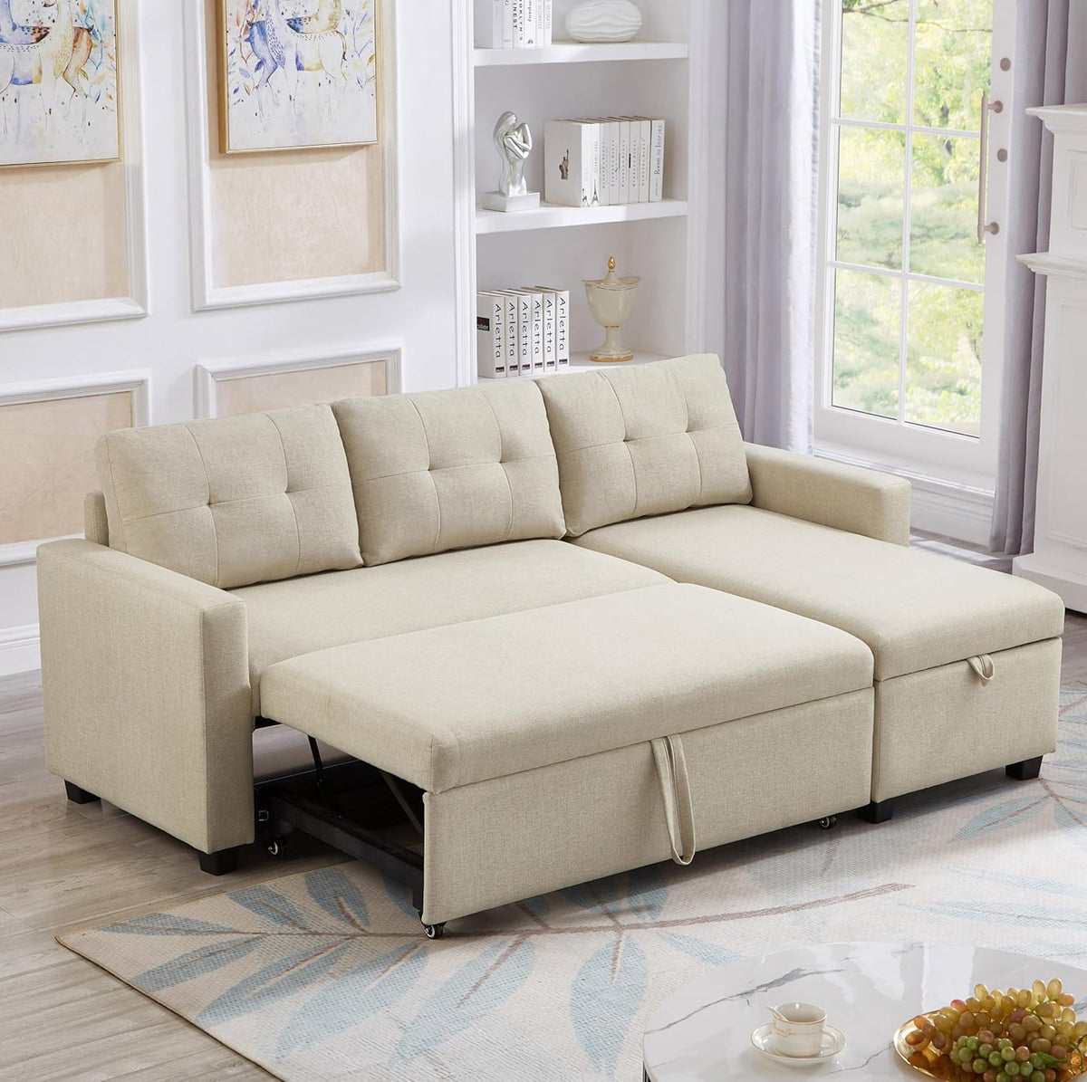 Beige L-Shape Convertible Sofa Sleeper with Pull-Out Bed N5151