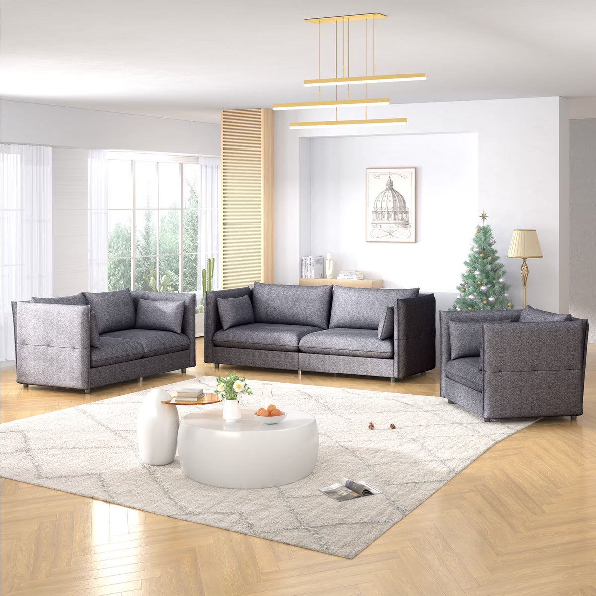 Modern 3 Pieces Linen Fleece Upholstered Sofa Set, Dark Grey M11234