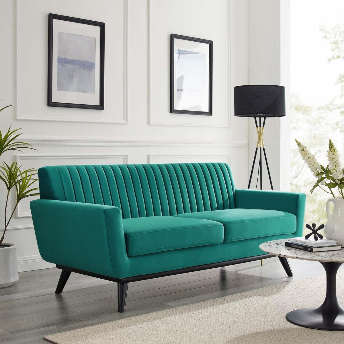 Teal Performance Velvet Channel Tufted Loveseat Q2197