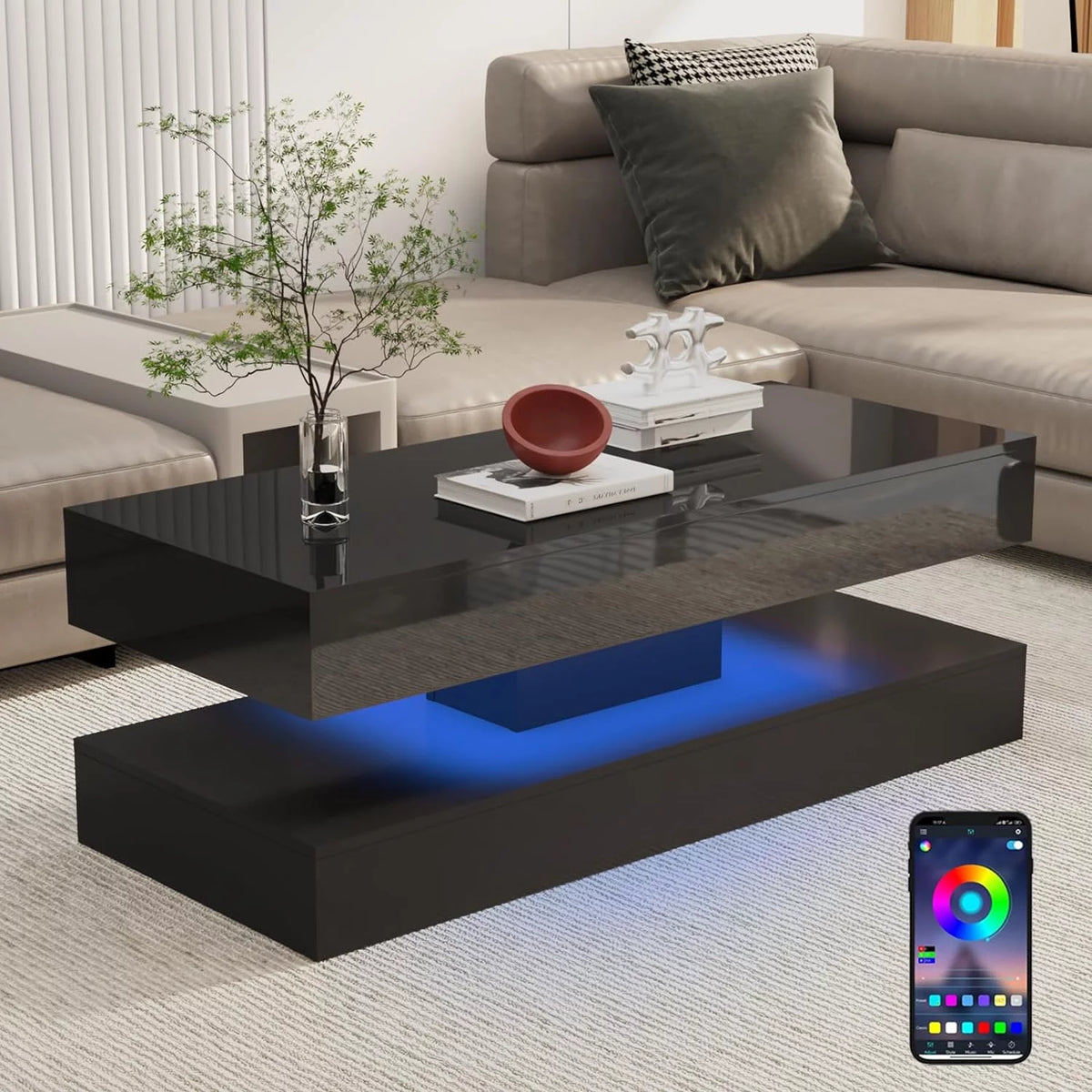 LED Coffee Table with 2 Storage Drawers, High Gloss Black I47037