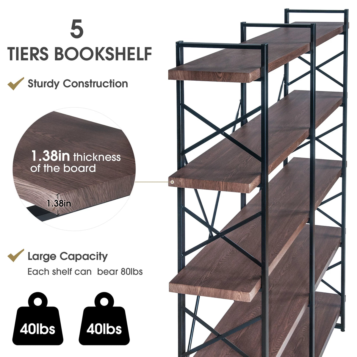 5 Tier Bookshelf with Metal Frame C334