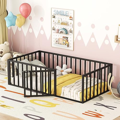 Full Montessori Floor Bed with Door (Black) L477442