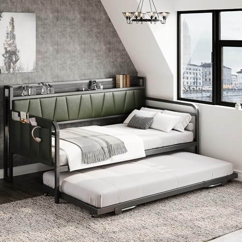 Grey Twin Daybed with Trundle Bed and Storage Headboard W3036